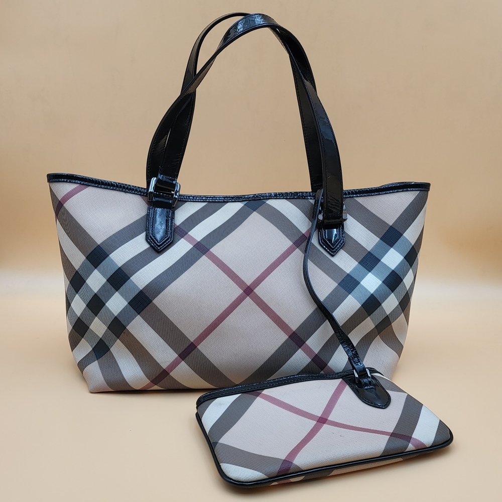 Burberry Supernova Check Coated Canvas Patent Leather Nickie Tote..Auth.. W/COA